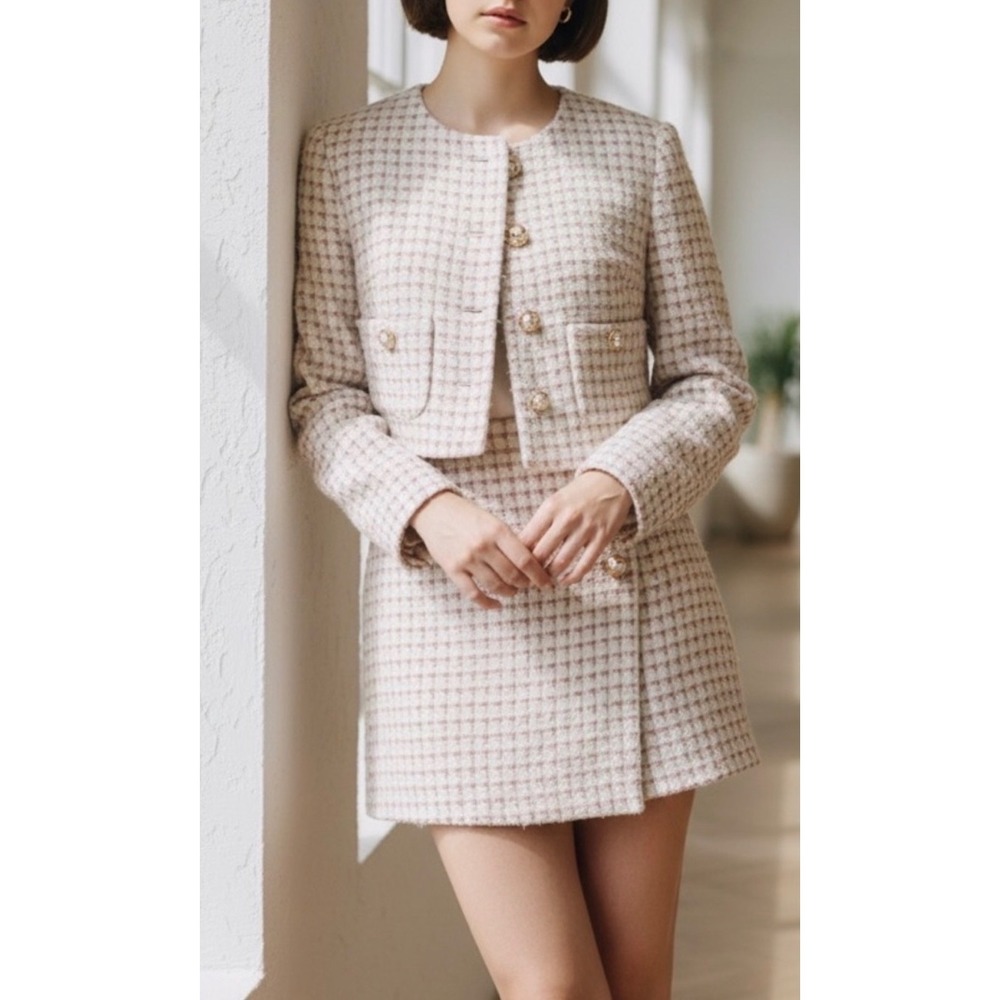 House of Harlow 1960 Womens Cropped Tweed Jacket Pink Cream‎ Pearl Button Small